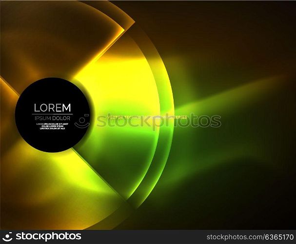 Circular glowing neon shapes, techno background. Circular glowing neon shapes, techno background. Abstract shiny transparent circles on dark technology space