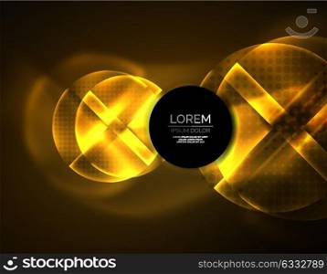 Circular glowing neon shapes, techno background. Circular yellow glowing neon shapes, techno background. Abstract shiny transparent circles on dark technology space