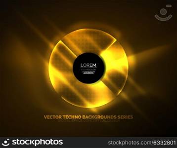Circular glowing neon shapes, techno background. Circular yellow glowing neon shapes, techno background. Abstract shiny transparent circles on dark technology space