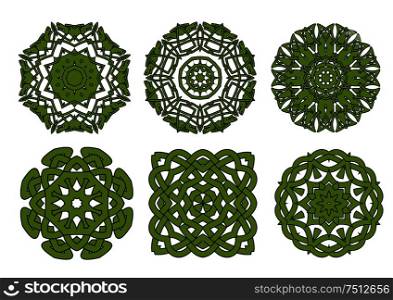 Circular green celtic knot patterns with floral and animal ornamental elements, for tattoo or medieval themes design. Celtic floral and animal ornaments