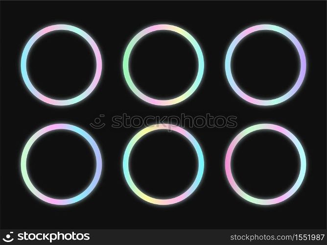 Circular holographic frames set in psychedelic vaporwave style. Futuristic geometric figures on dark background. Retro 80s-90s neon colors.. Circular holographic frames set in psychedelic vaporwave style.