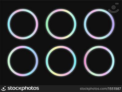 Circular holographic frames set in psychedelic vaporwave style. Futuristic geometric figures on dark background. Retro 80s-90s neon colors.. Circular holographic frames set in psychedelic vaporwave style.