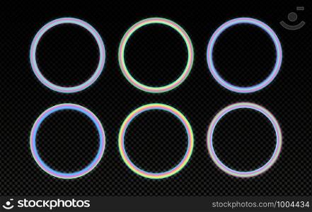Circular holographic frames set in psychedelic vaporwave style. Glowing neon design elements. Futuristic geometric figures on dark background. Retro 80s-90s color gradients.. Circular holographic frames set in psychedelic vaporwave style.