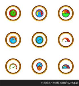 Circular meter icons set. Cartoon style set of 9 circular meter vector icons for web design. Circular meter icons set, cartoon style