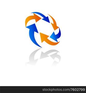 Circular moving arrows of orange and blue isolated. Vector motion of pointers, indicators circulation. Arrows turning around, circular navigation