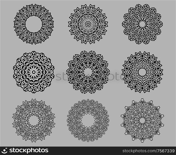 Circular ornate and intricate Celtic ornaments in black and white isolated over grey background