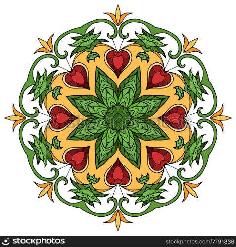 Circular pattern of leaves and rubies. Vector doodle element for your creativity. Circular pattern of leaves and rubies. Vector doodle element for