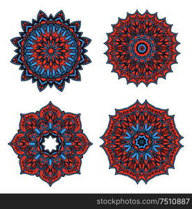 Circular retro floral patterns of pastel red and blue abstract flowers, with dainty cyan petals, tendrils and flourishes. Great use for vintage lace embellishment and tile design. Circular floral patterns with red and blue flowers