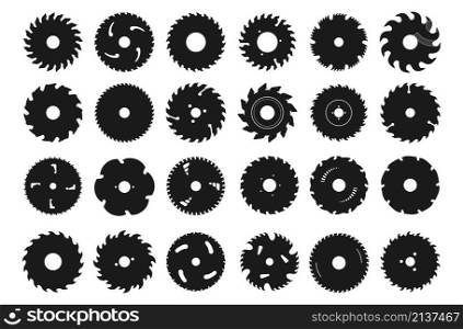Circular saw blade icons. Silhouette of metal disc for woodwork. Round carpentry tool. Isolated industrial rotary wheels. Construction equipment. Cutting instrument. Vector black sawmill symbols set. Circular saw blade icons. Silhouette of metal disc for woodwork. Round carpentry tool. Industrial rotary wheels. Construction equipment. Cutting instrument. Vector sawmill symbols set