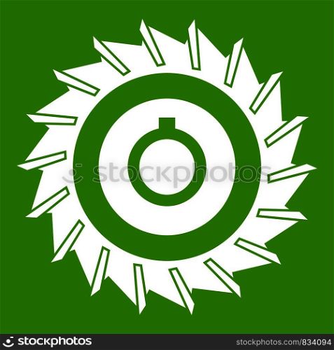 Circular saw disk icon white isolated on green background. Vector illustration. Circular saw disk icon green