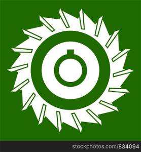 Circular saw disk icon white isolated on green background. Vector illustration. Circular saw disk icon green
