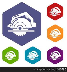 Circular saw icons vector colorful hexahedron set collection isolated on white. Circular saw icons vector hexahedron
