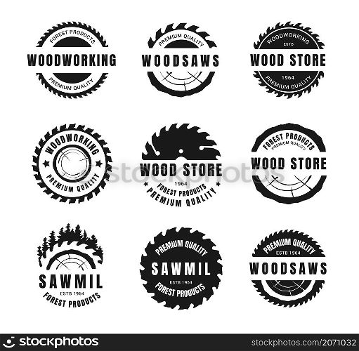 Circular saw logo. Metal blade for woodwork and carpentry silhouette badges. Sawmill and lumber house emblem. Woodworking rotating tools and tree logs. Vector wood store company black labels set. Circular saw logo. Metal blade for woodwork and carpentry silhouette badges. Sawmill and lumber house emblem. Woodworking rotating tools and logs. Vector wood store company labels set