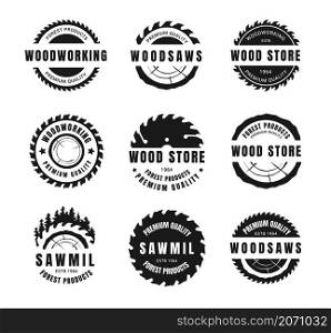 Circular saw logo. Metal blade for woodwork and carpentry silhouette badges. Sawmill and lumber house emblem. Woodworking rotating tools and tree logs. Vector wood store company black labels set. Circular saw logo. Metal blade for woodwork and carpentry silhouette badges. Sawmill and lumber house emblem. Woodworking rotating tools and logs. Vector wood store company labels set