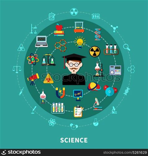 Circular Science Diagram. Natural-science educational concept on circular diagram, blue background, flat vector illustration