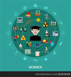 Circular Science Diagram. Natural-science educational concept on circular diagram, blue background, flat vector illustration