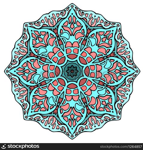 Circular stained glass mandala. Round doodle flower pattern for greeting cards and your creativity. Circular stained glass mandala. Round doodle flower pattern for