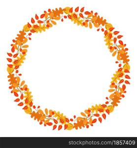 Circular symmetrical rim with autumn leaves. Wreath of assorted bright fall sheets. Round frame, template for postcards or congratulations. Vector autumn seasonal illustration.. Circular symmetrical rim with autumn leaves.
