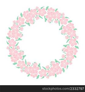Circular wreath with delicate wood flowers. Floral gentle spring frame. Sakura, cherry or almond flowers around the rim. Drawn isolated vector illustration. Circular wreath with delicate wood flowers