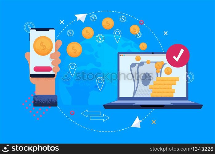 Circulation Money among Electronic Devices App. Hand Holding Mobile Phone. Circulation Money among Electronic Devices App. Coins Phone and Notebook. Technology that allows People to Receive.