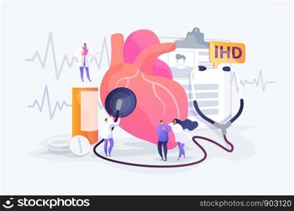 Circulatory system complications. Cardiologists studying human organ. Heart disease, ischemic heart disease, coronary artery disease concept. Vector isolated concept creative illustration. Ischemic heart disease concept vector illustration