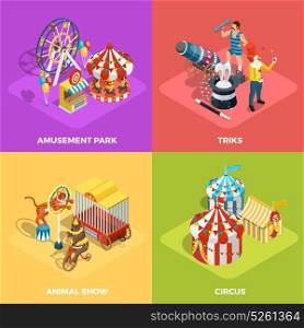 Circus 4 Isometric Icons Square Poster . Travel circus performance 4 isometric icons square composition with animals show and magician tricks isolated vector illustration