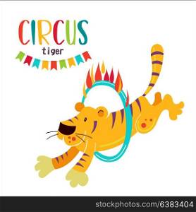 Circus. A trained circus tiger jumping through a flaming ring. Vector illustration isolated on white background.