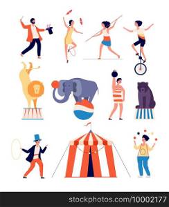 Circus actors. Clown and magician, juggler and balancer, animal trainer and strong man. Shapito circus vector isolated characters. Illustration performer, clown and elephant, gymnast and juggler. Circus actors. Clown and magician, juggler and balancer, animal trainer and strong man. Shapito circus vector isolated characters