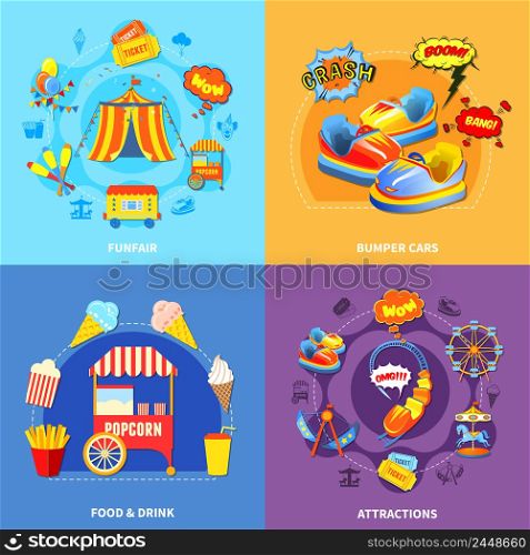 Circus amusement park 4 flat icons square composition abstract isolated vector illustration. Amusement park 4 flat icons square