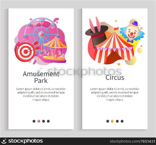 Circus and amusement park vector, ferris wheel attraction for kids, clown and bunny ears in hat, tricks and fun time relaxation, dartboard aim. Website or slider app, landing page flat style. Amusement Park and Circus, Tent and Ferris Wheel