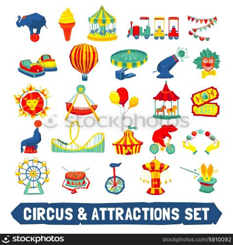Circus and attraction icons set with animals clown rides symbols flat isolated vector illustration. Circus Icons Set