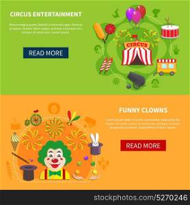 Circus and clowns horizontal set banner. Circus entertainment and funny clowns banner design abstract isolated vector illustration