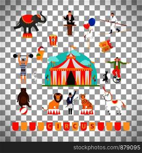 Circus and fun fair elements in modern flat style isolated on transparent background. Vector illustration. Circus and fun fair elements