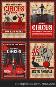 Circus and funfair arena show, vector vintage retro posters. Welcome to circus shapito performance with seal juggling and elephant balancing on ball, strongman and tight rope walking equilibrist. Shapito big top circus, funfair show retro posters