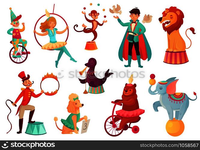 Circus animals. Animal acrobatic tricks, circus family acrobat entertainment. Animals lion, dog and elephant performance with circus magician. Cartoon vector isolated illustration icons set. Circus animals. Animal acrobatic tricks, circus family acrobat entertainment. Cartoon vector isolated illustration