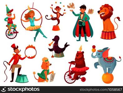 Circus animals. Animal acrobatic tricks, circus family acrobat entertainment. Animals lion, dog and elephant performance with circus magician. Cartoon vector isolated illustration icons set. Circus animals. Animal acrobatic tricks, circus family acrobat entertainment. Cartoon vector isolated illustration