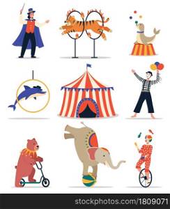Circus animals. Funny trained animals. Show elements hoops, bollards and balls, circus tent, cartoon bear, elephant and dolphin. Magician mime and clown in costumes, entertainment vector isolated set. Circus animals. Funny trained animals. Show elements hoops, bollards and balls, circus tent, cartoon bear, elephant and dolphin. Magician mime and clown in costumes, vector isolated set