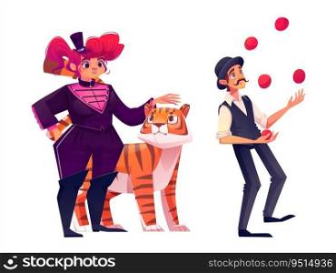 Circus artist cartoon character set. Vector illustration of performers in costumes - girl trainer stands with trained tiger and man juggler with red balls. People and animals showing off in arena.. Circus artist cartoon character set.