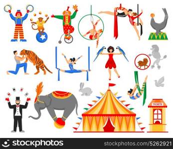 Circus Artist Characters Collection. Circus performers artists actors show set of flat isolated air acrobats equilibrists clowns animal tamer characters vector illustration