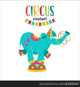 Circus artist. Circus animals. A trained circus elephant juggler. Elephant juggling hoops standing on a pedestal. Vector illustration. Isolated on a white background.