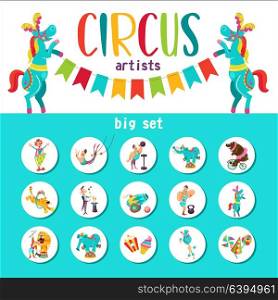 Circus artist. Circus animals. Big collection of cliparts with circus artists. The round emblem, stickers.