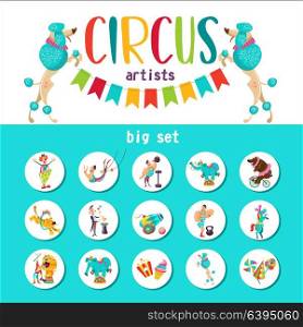 Circus artist. Circus animals. Big collection of cliparts with circus artists. The round emblem, stickers.
