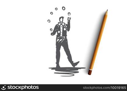 Circus, artist, clown, performance, show concept. Hand drawn entertainment with performer in circus concept sketch. Isolated vector illustration.. Circus, artist, clown, performance, show concept. Hand drawn isolated vector.