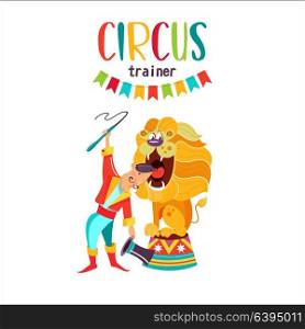 Circus artist. The lion tamer puts his head in the lion&rsquo;s mouth. Circus lion sitting on a pedestal. Vector illustration. Isolated on a white background.