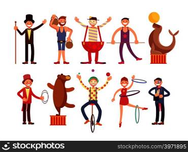 Circus artists cartoon characters vector set. Acrobat and strongman, magician, clown, trained animals. Fun performance juggler and funny performer illustration. Circus artists cartoon characters vector set. Acrobat and strongman, magician, clown, trained animals