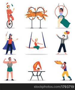 Circus artists. Funny cartoon characters, people in vintage stage costumes, retro magic show, clown unicycle juggler, magician and gymnasts. Trained tiger, mime and gymnast. Vector flat isolated set. Circus artists. Funny cartoon characters, people in vintage stage costumes, retro magic show, clown unicycle juggler, magician and gymnasts. Trained tiger, mime and gymnast vector isolated set