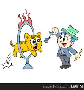 Circus attraction cat jumping circle of fire. cartoon illustration sticker emoticon
