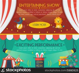 Circus banner set. Circus horizontal banner set with entertaining show flat elements isolated vector illustration