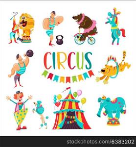 Circus. Big set of vector cliparts. Isolated on white background. Tent, clown, strong man with weights, bear on bike, horse, elephant on dresser, tiger jumping through a ring of fire, the lion tamer and the lion.
