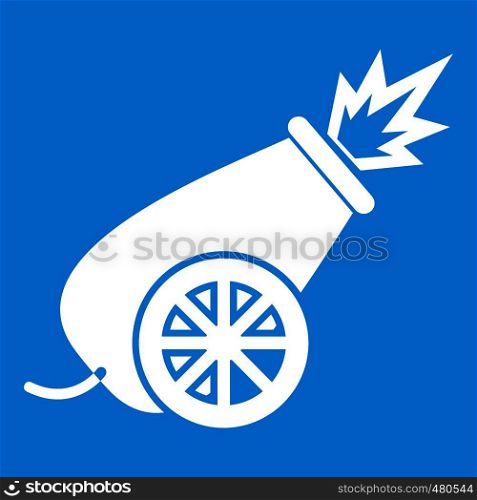 Circus cannon icon white isolated on blue background vector illustration. Circus cannon icon white